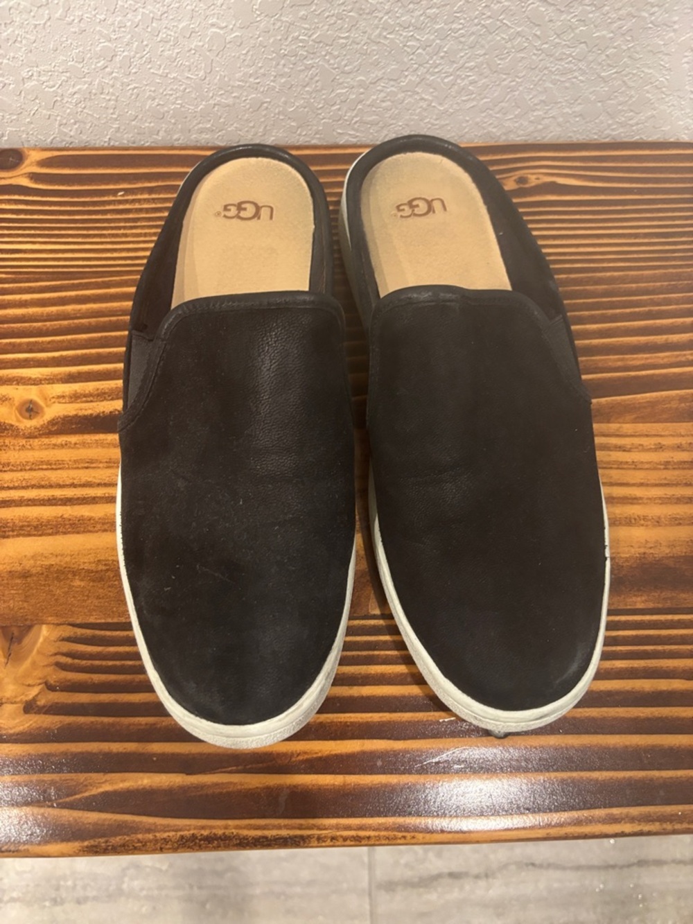 UGG Women’s Black Suede Slip-On Loafers with White Sole